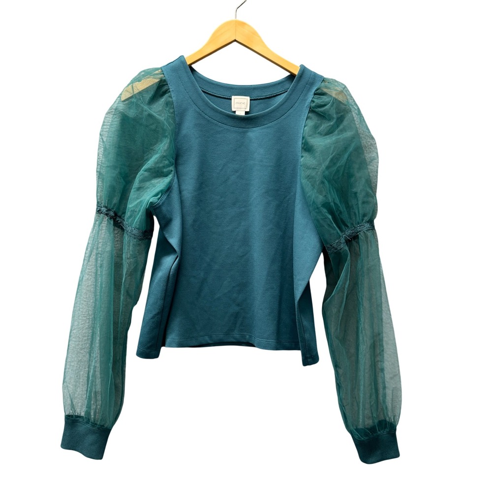 Maeve Top Womens Large Sheer Puff Sleeve Teal Knit Pullover Anthropologie Top